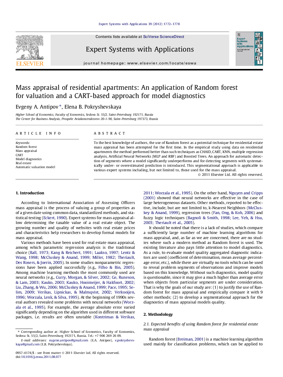 Mass appraisal of residential apartments: An application of Random forest for valuation and a CART-based approach for model diagnostics