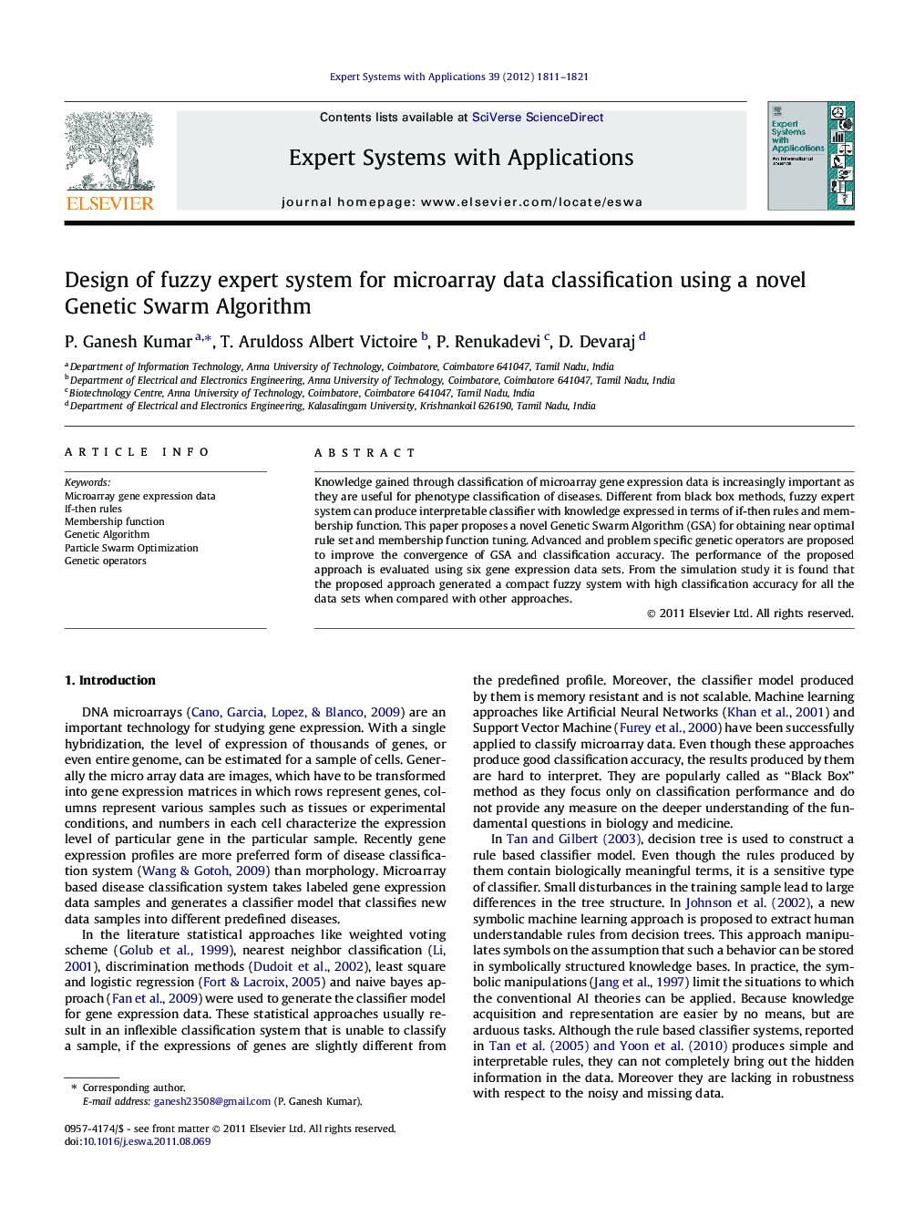 Design of fuzzy expert system for microarray data classification using a novel Genetic Swarm Algorithm