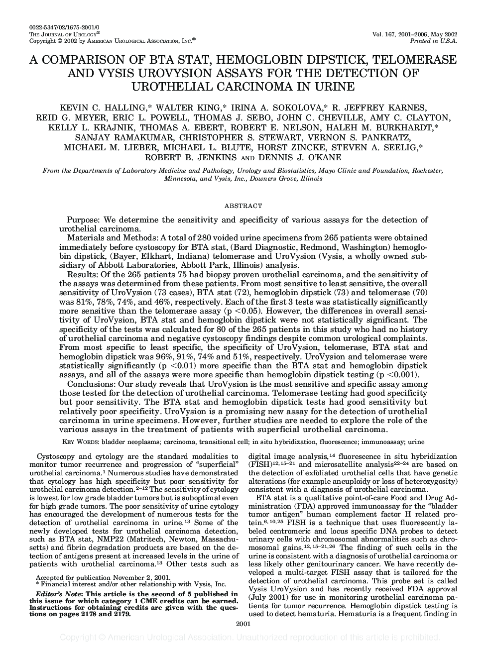 A Comparison of BTA Stat, Hemoglobin Dipstick, Telomerase and Vysis Urovysion Assays for the Detection of Urothelial Carcinoma in Urine 