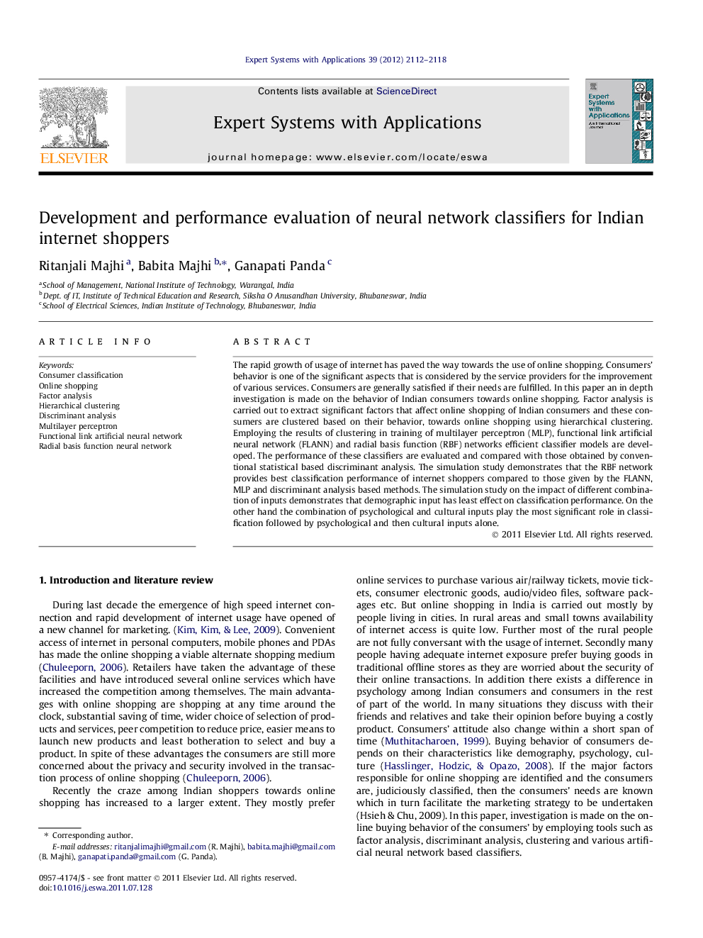 Development and performance evaluation of neural network classifiers for Indian internet shoppers