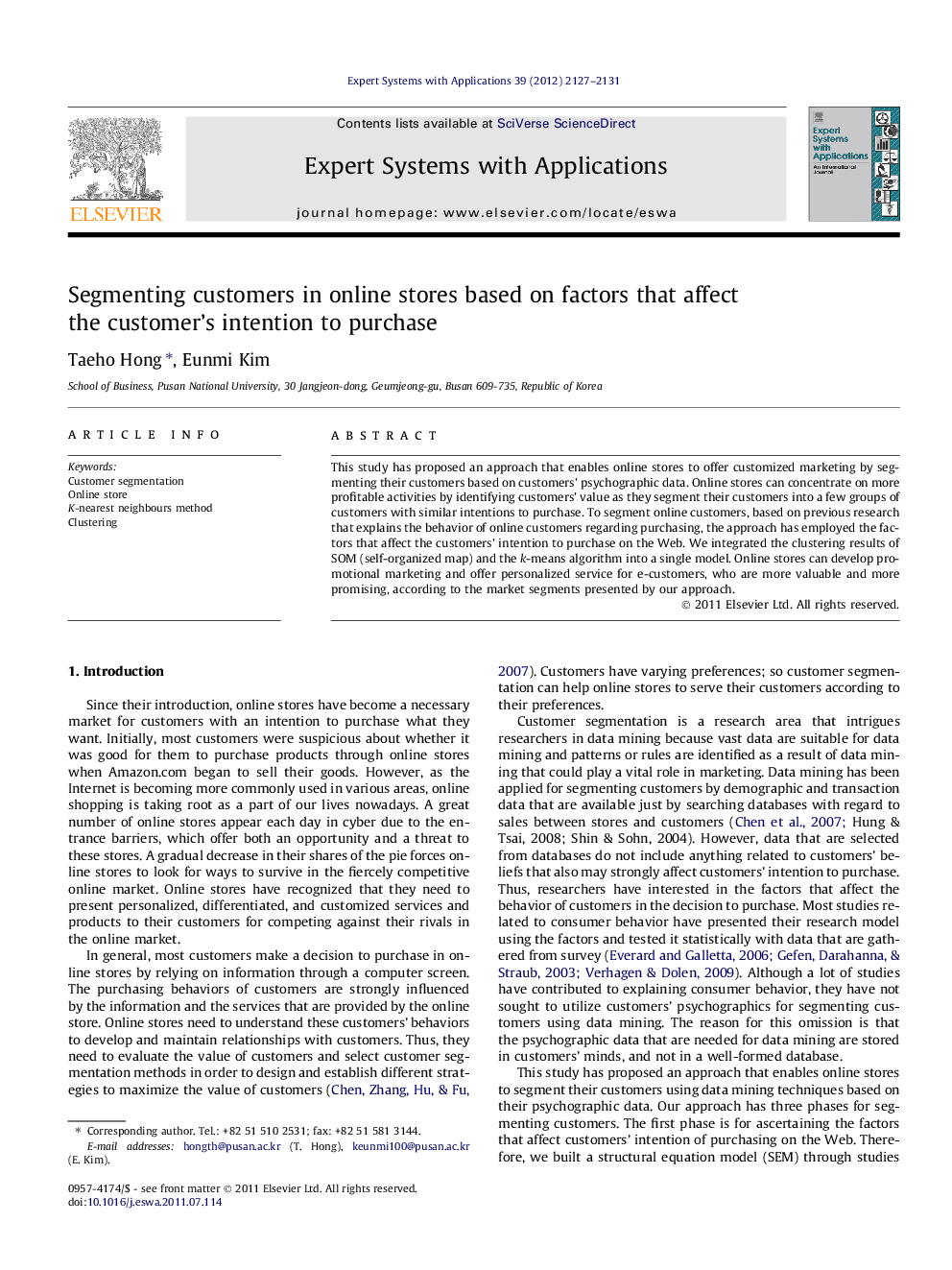 Segmenting customers in online stores based on factors that affect the customer’s intention to purchase