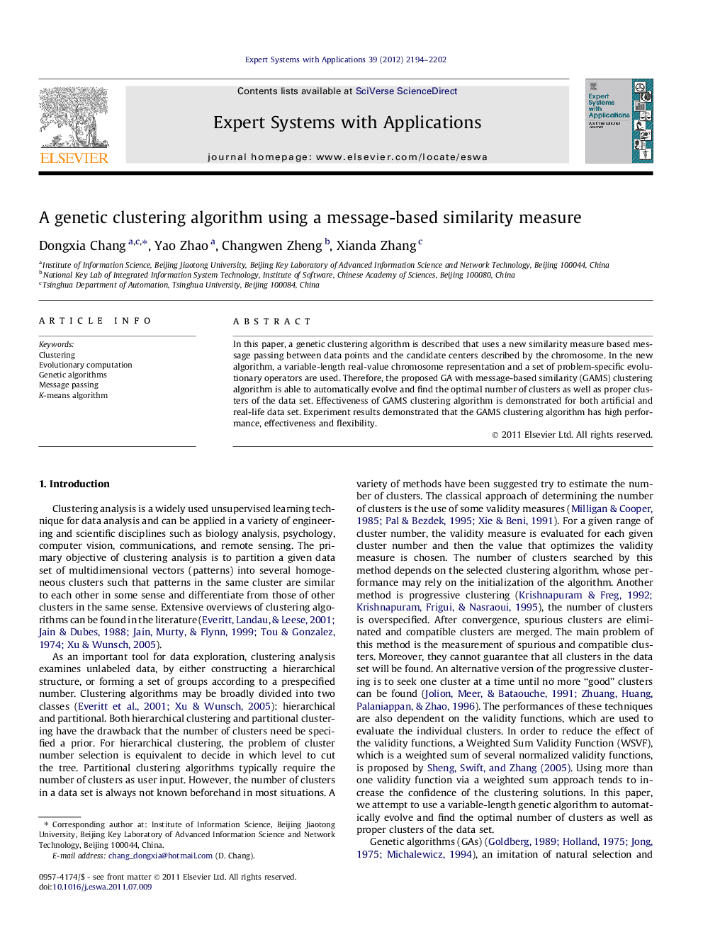 A genetic clustering algorithm using a message-based similarity measure