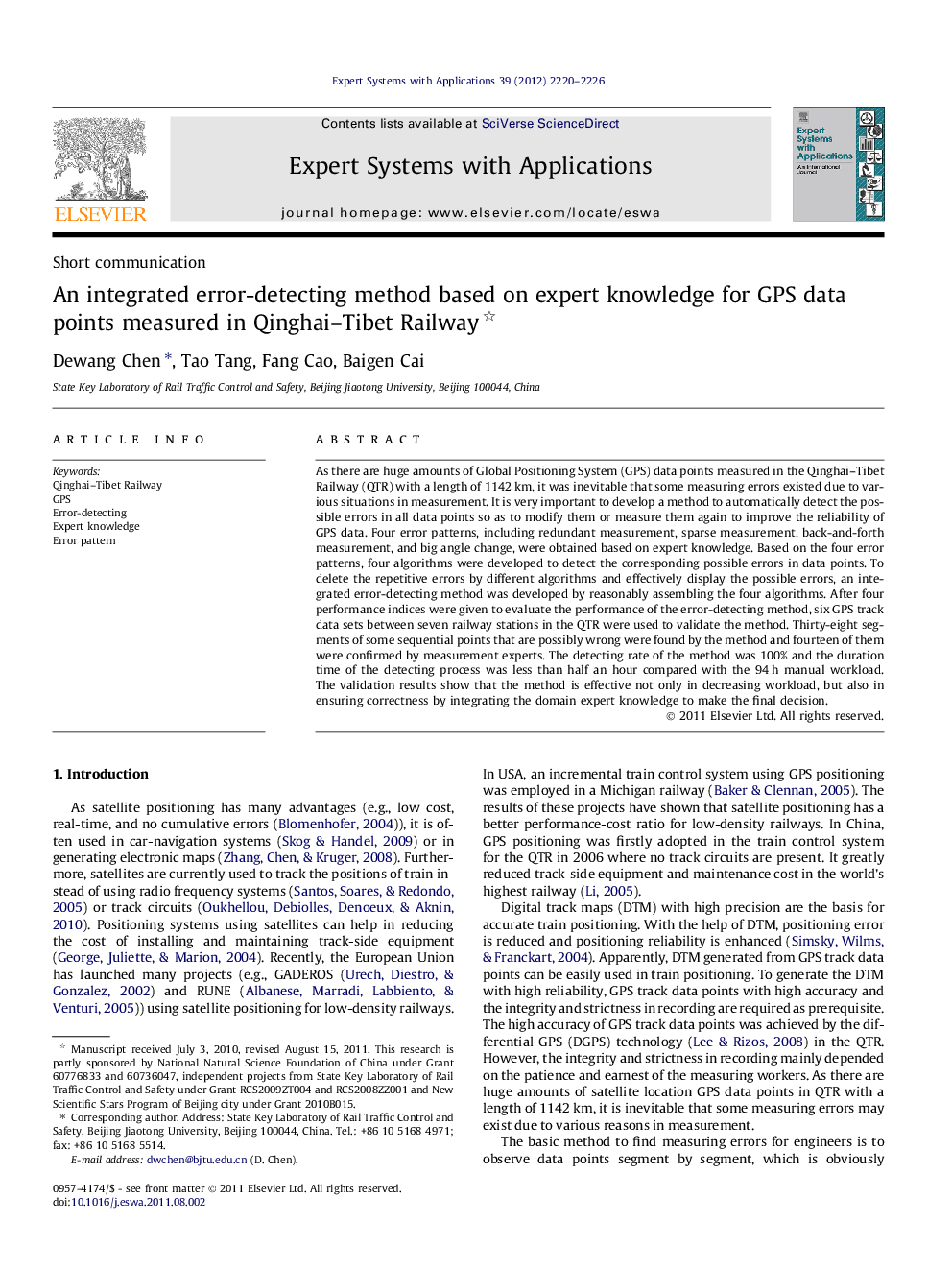 An integrated error-detecting method based on expert knowledge for GPS data points measured in Qinghai–Tibet Railway 