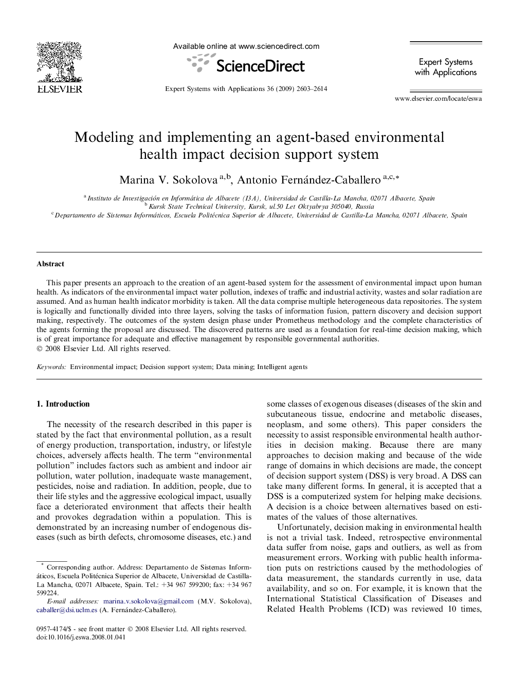 Modeling and implementing an agent-based environmental health impact decision support system