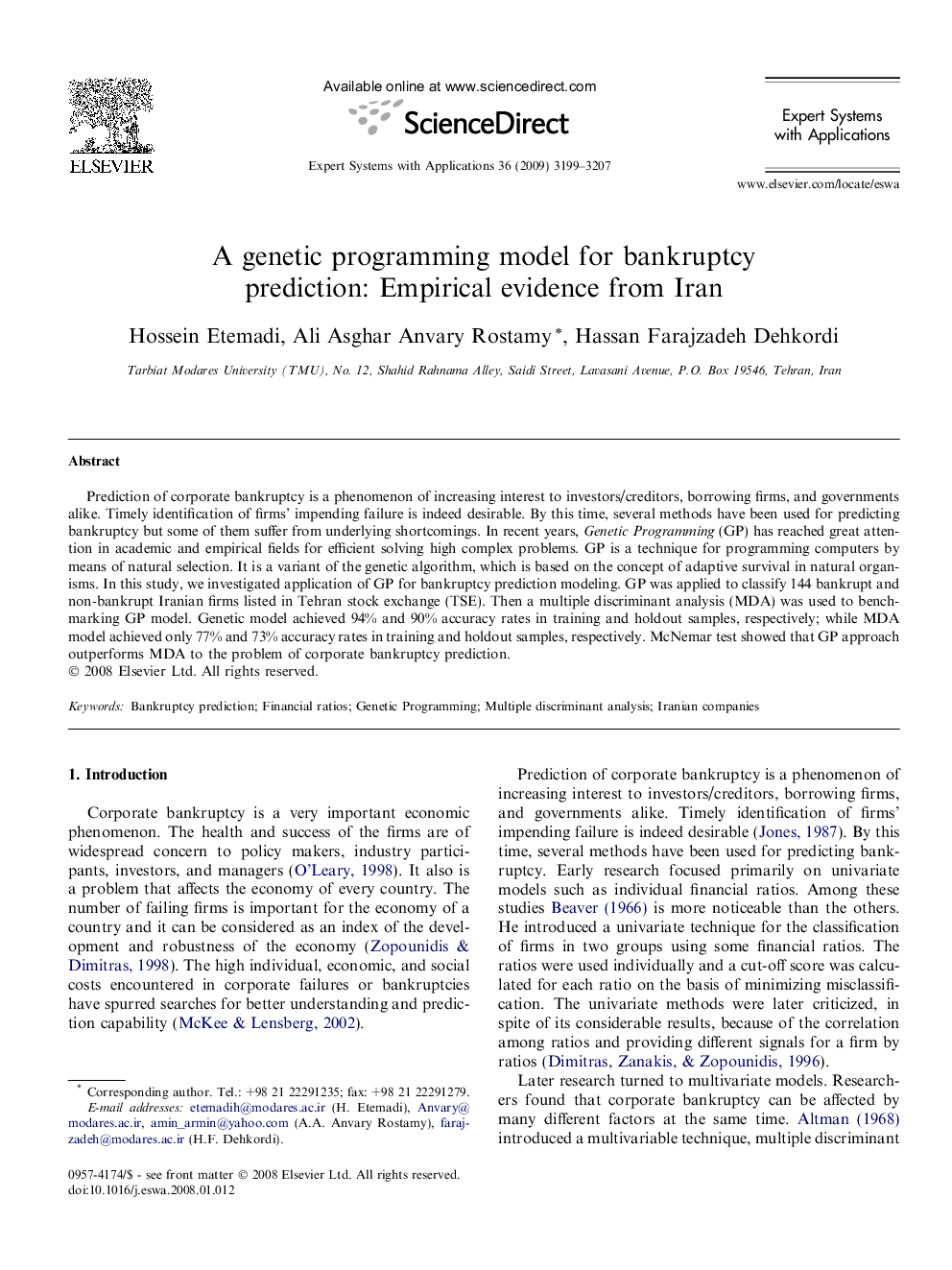 A genetic programming model for bankruptcy prediction: Empirical evidence from Iran