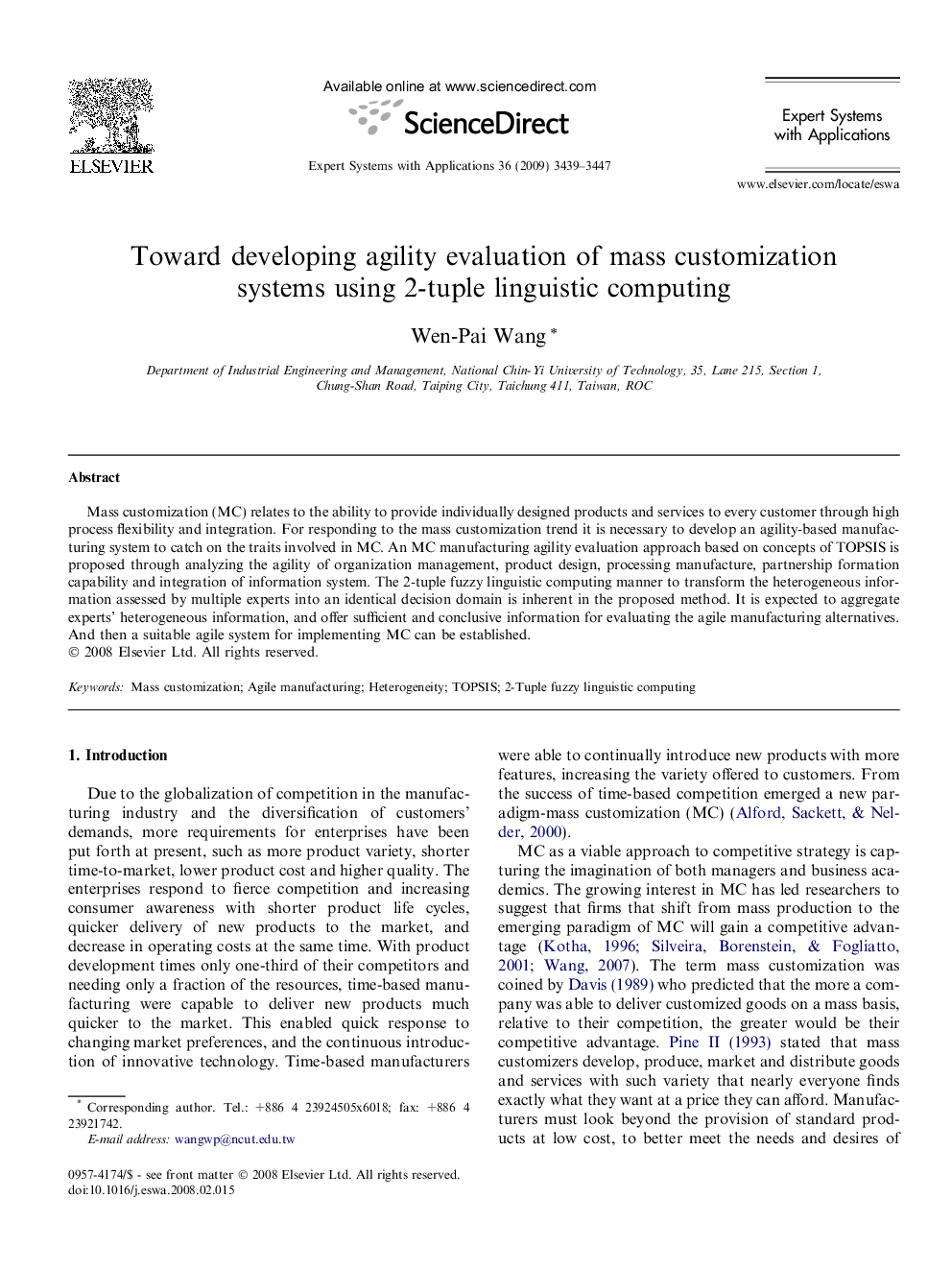 Toward developing agility evaluation of mass customization systems using 2-tuple linguistic computing