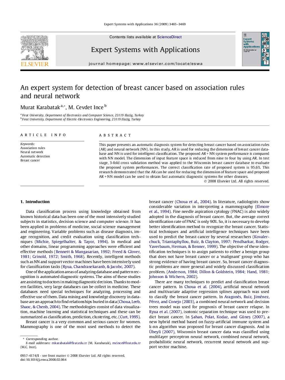 An expert system for detection of breast cancer based on association rules and neural network