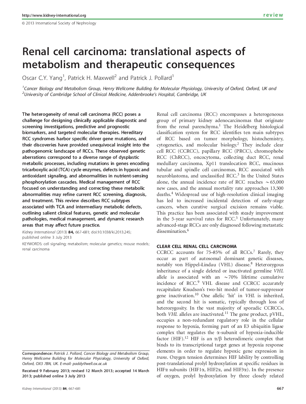 Renal cell carcinoma: translational aspects of metabolism and therapeutic consequences 