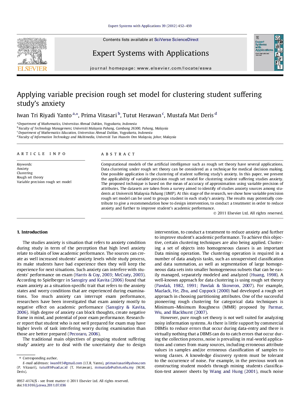 Applying variable precision rough set model for clustering student suffering study’s anxiety