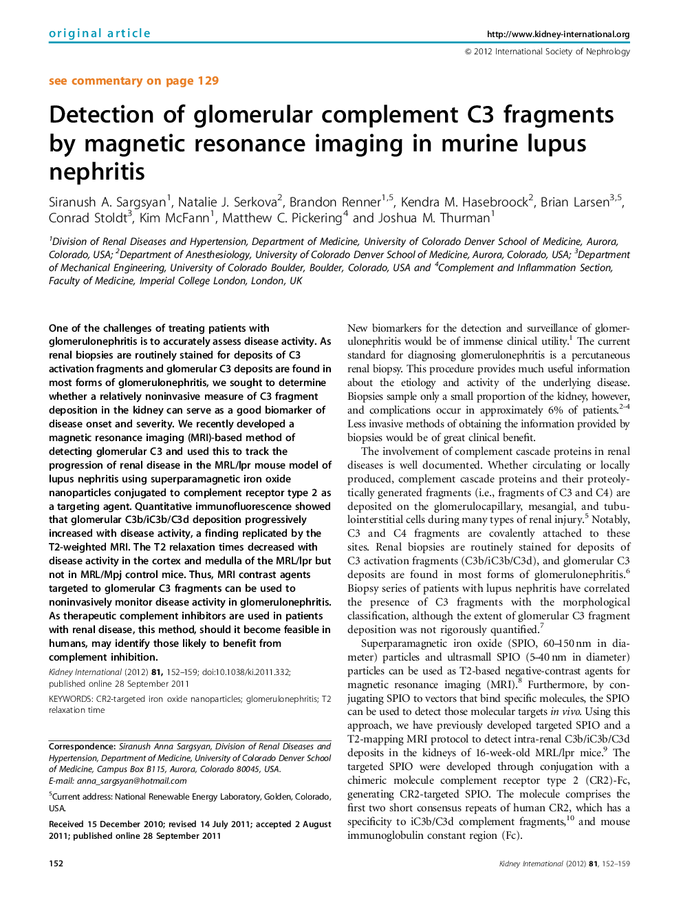 Detection of glomerular complement C3 fragments by magnetic resonance imaging in murine lupus nephritis 