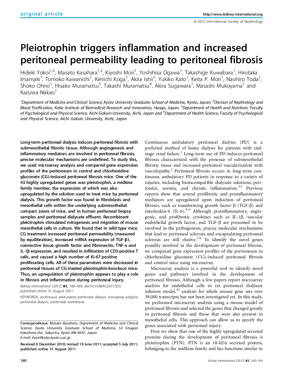 Pleiotrophin triggers inflammation and increased peritoneal permeability leading to peritoneal fibrosis 