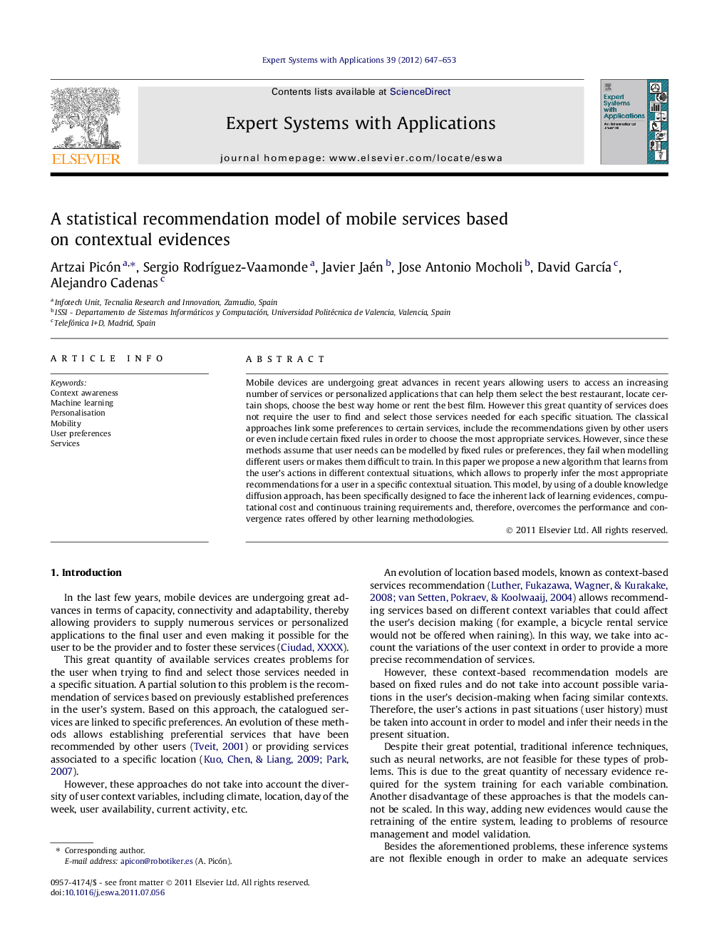 A statistical recommendation model of mobile services based on contextual evidences