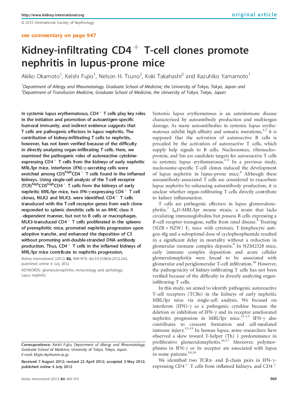 Kidney-infiltrating CD4+ T-cell clones promote nephritis in lupus-prone mice 