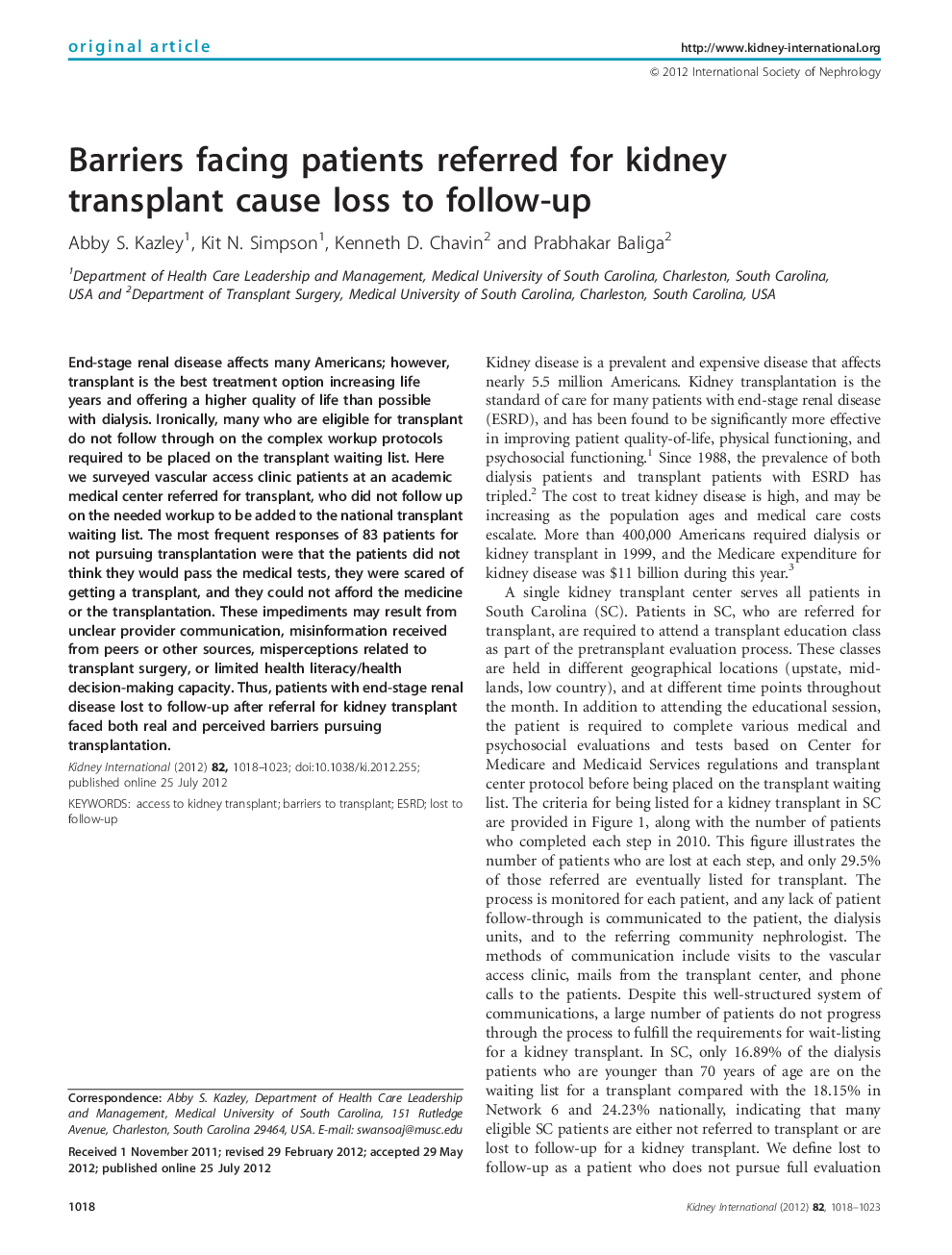 Barriers facing patients referred for kidney transplant cause loss to follow-up 