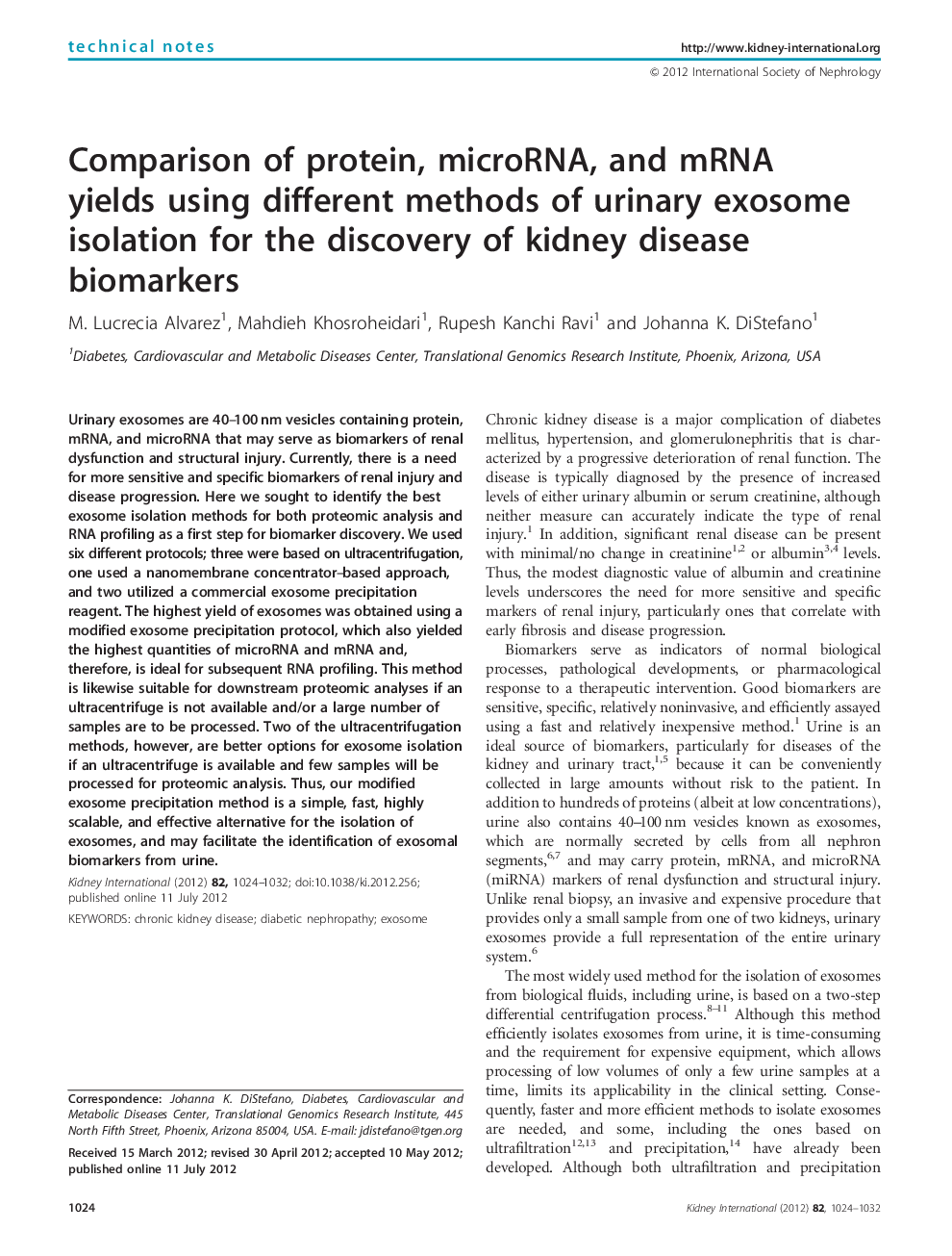 Comparison of protein, microRNA, and mRNA yields using different methods of urinary exosome isolation for the discovery of kidney disease biomarkers 