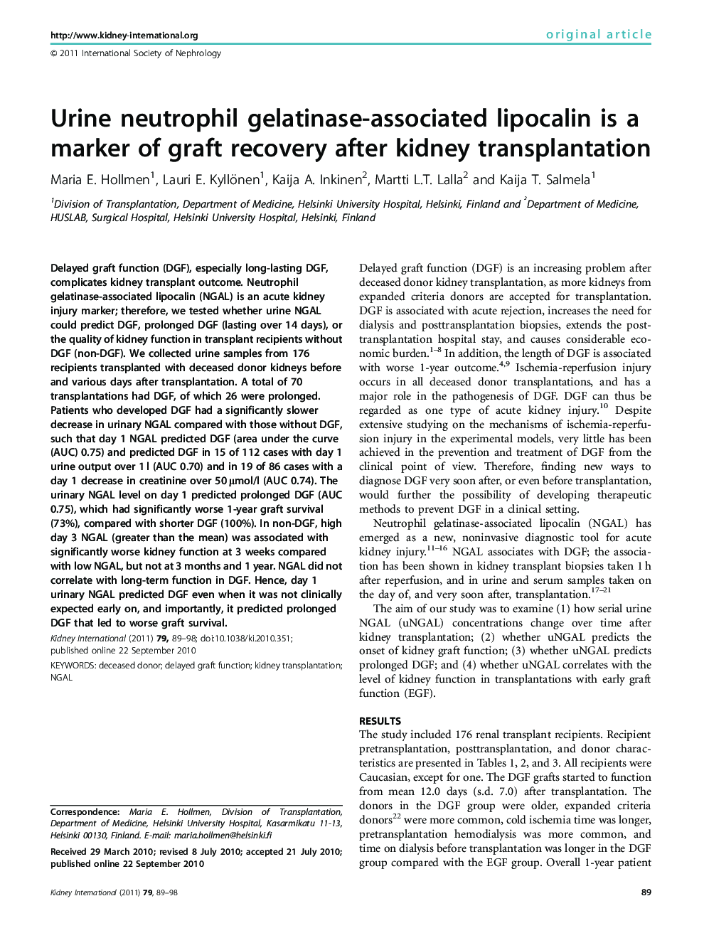 Urine neutrophil gelatinase-associated lipocalin is a marker of graft recovery after kidney transplantation 