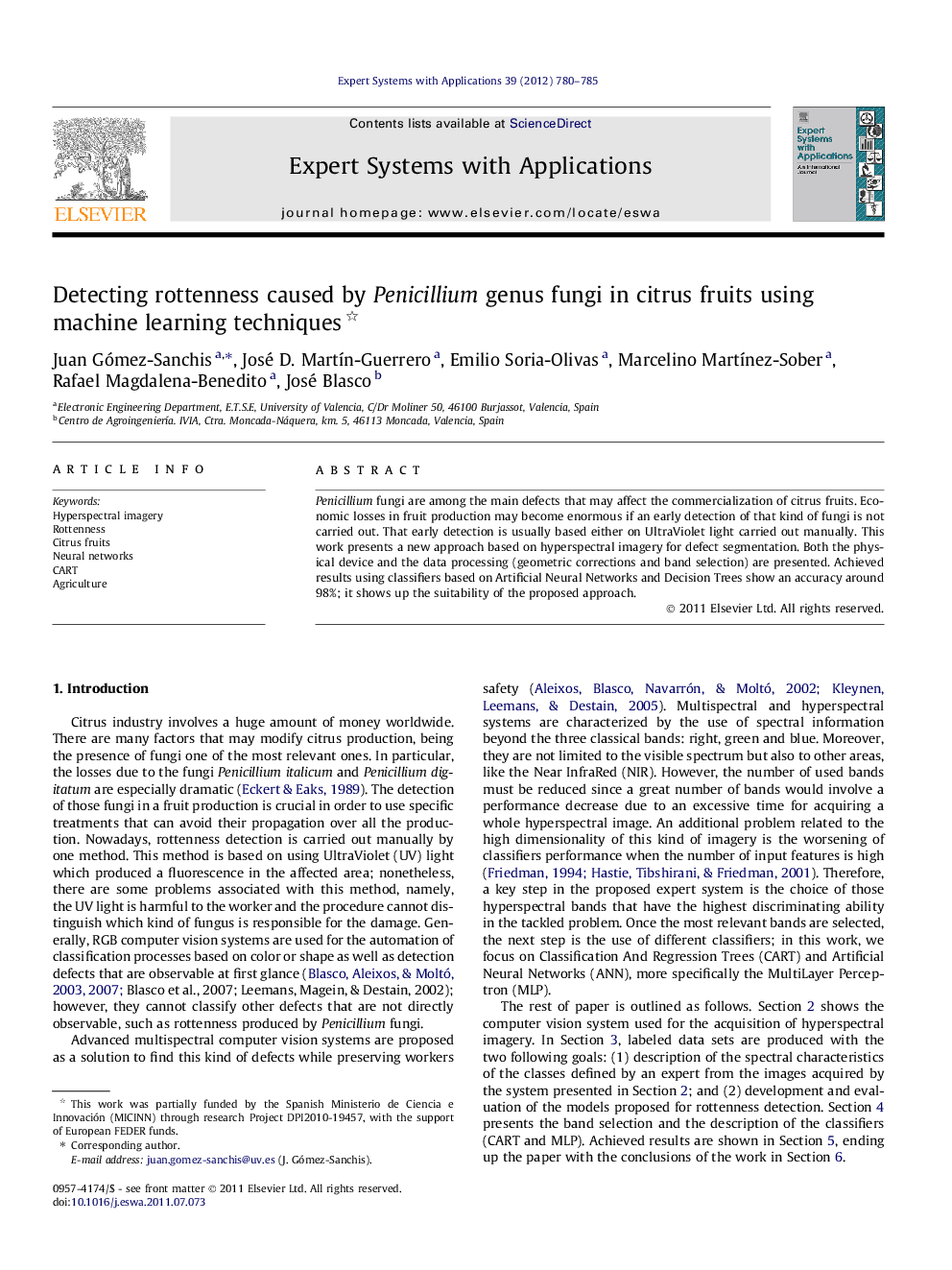 Detecting rottenness caused by Penicillium genus fungi in citrus fruits using machine learning techniques 