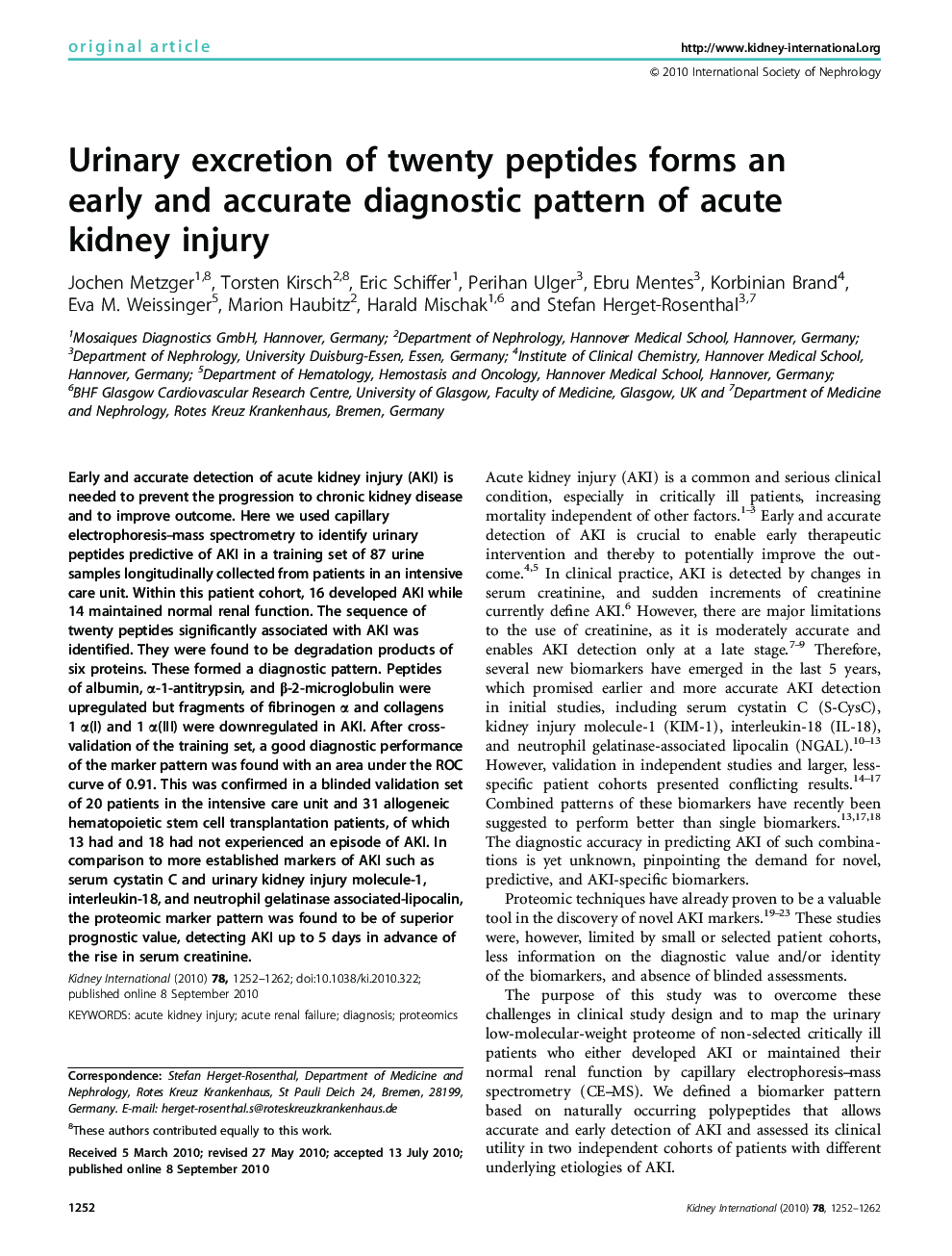 Urinary excretion of twenty peptides forms an early and accurate diagnostic pattern of acute kidney injury 