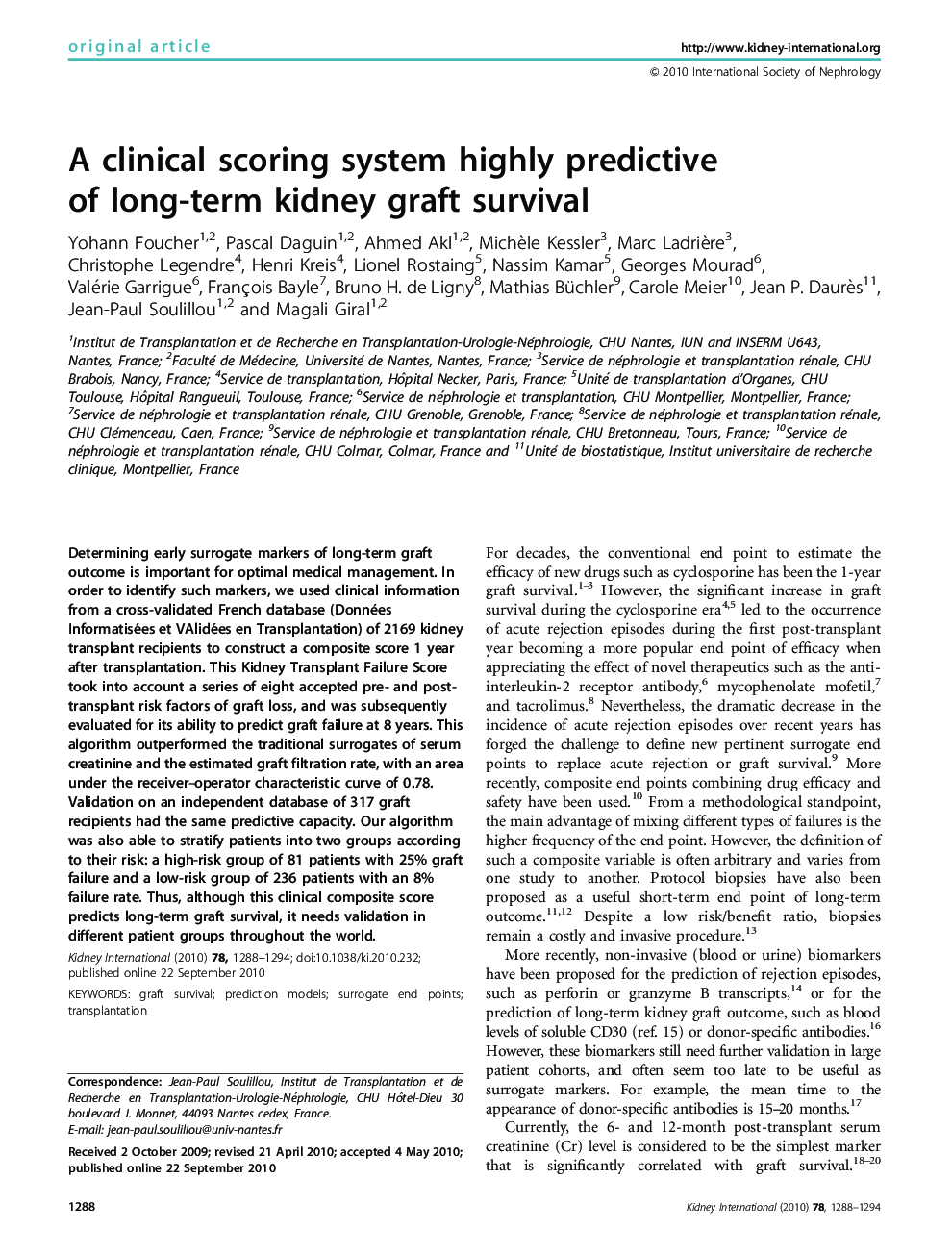 A clinical scoring system highly predictive of long-term kidney graft survival 