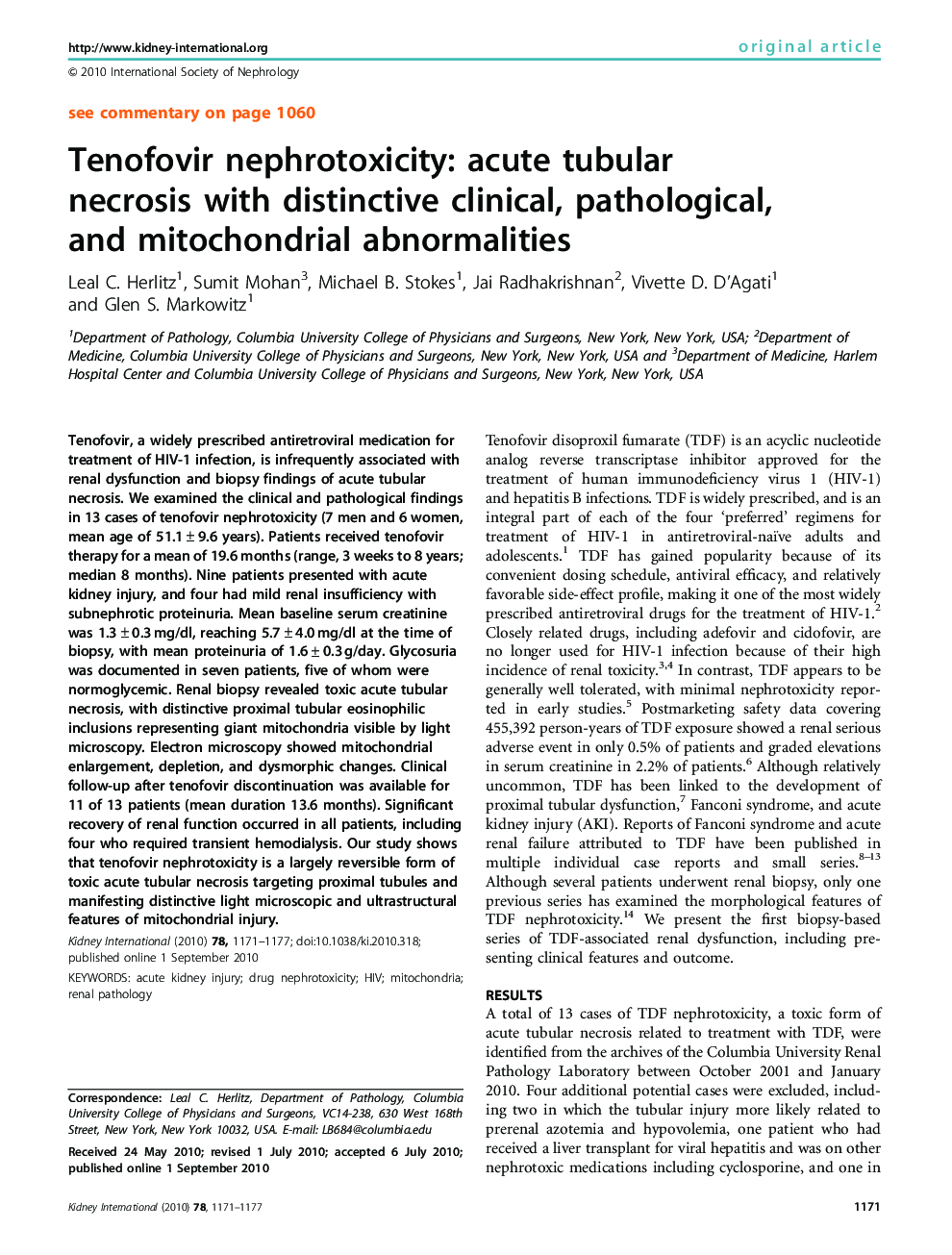 Tenofovir nephrotoxicity: acute tubular necrosis with distinctive clinical, pathological, and mitochondrial abnormalities 