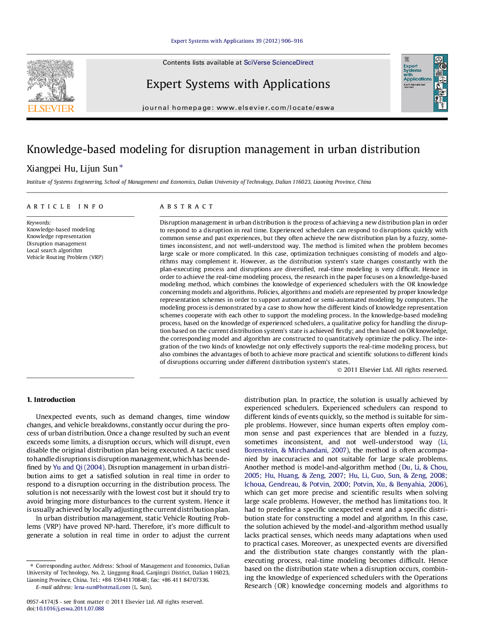 Knowledge-based modeling for disruption management in urban distribution