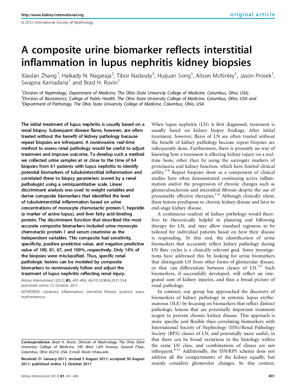 A composite urine biomarker reflects interstitial inflammation in lupus nephritis kidney biopsies 