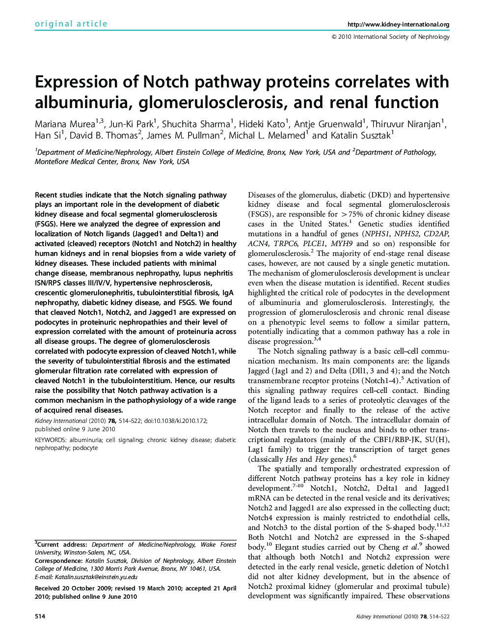 Expression of Notch pathway proteins correlates with albuminuria, glomerulosclerosis, and renal function 