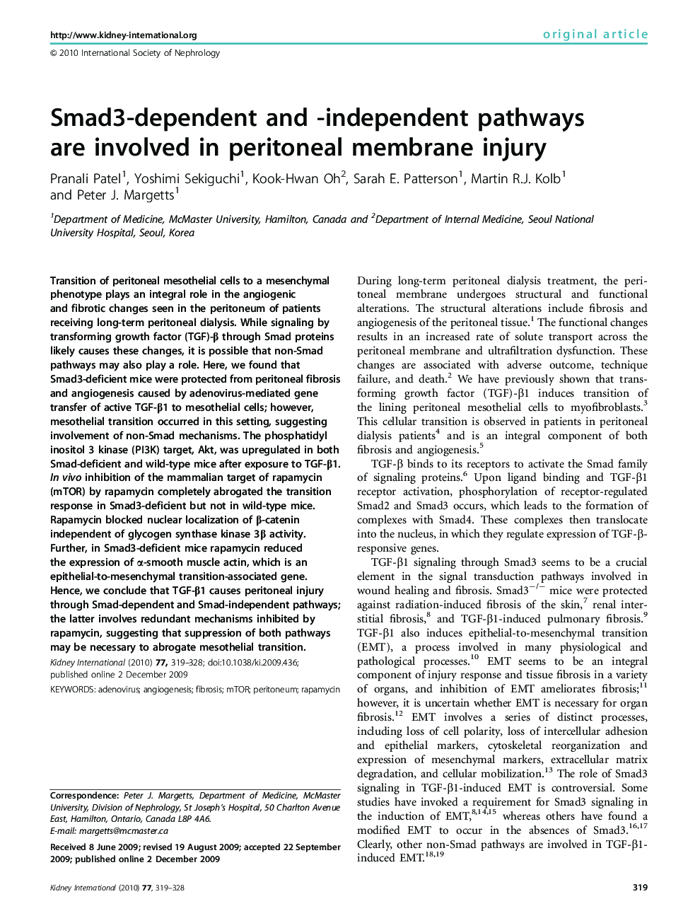 Smad3-dependent and -independent pathways are involved in peritoneal membrane injury 