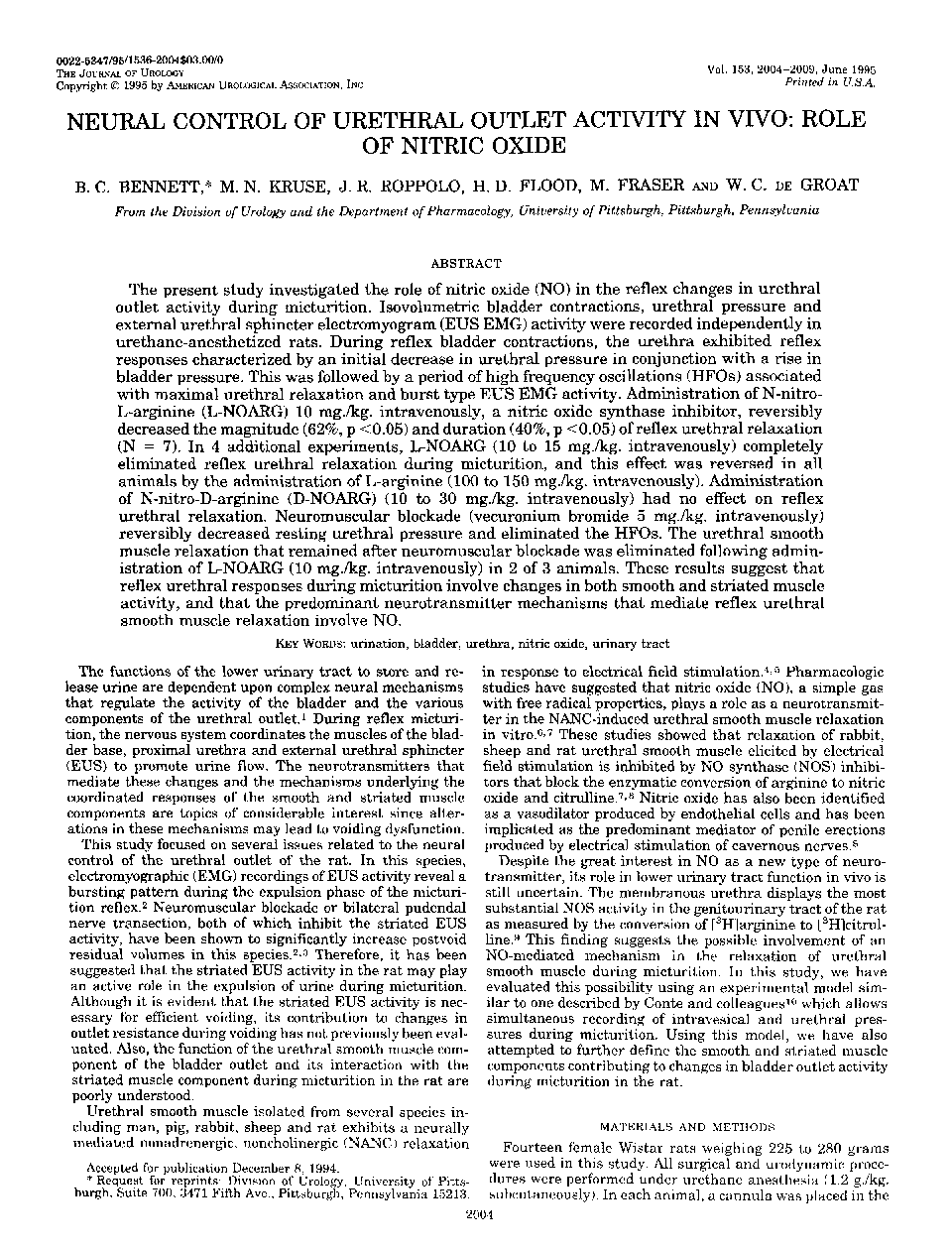 Neural Control of Urethral Outlet Activity in Vivo: Role of Nitric Oxide