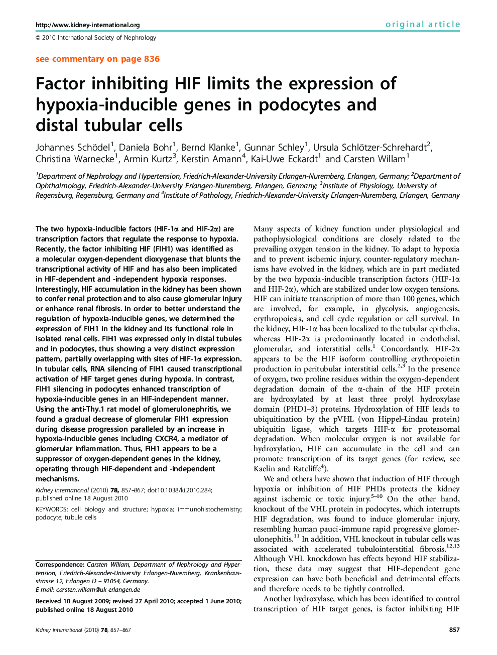 Factor inhibiting HIF limits the expression of hypoxia-inducible genes in podocytes and distal tubular cells 