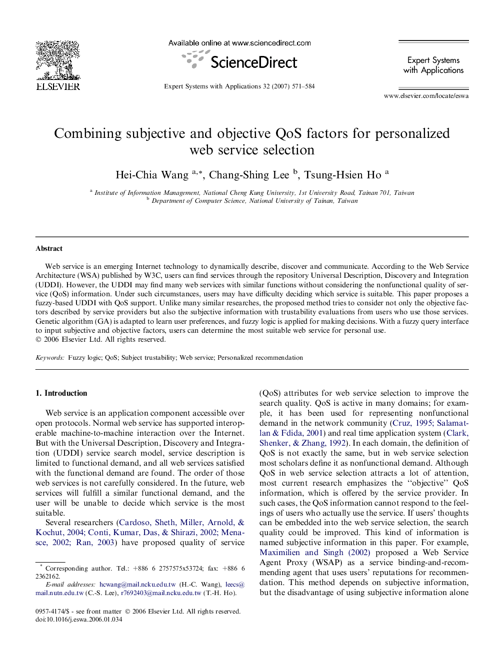 Combining subjective and objective QoS factors for personalized web service selection