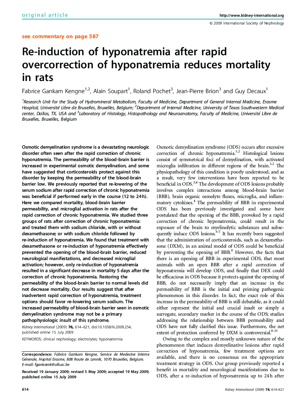 Re-induction of hyponatremia after rapid overcorrection of hyponatremia reduces mortality in rats