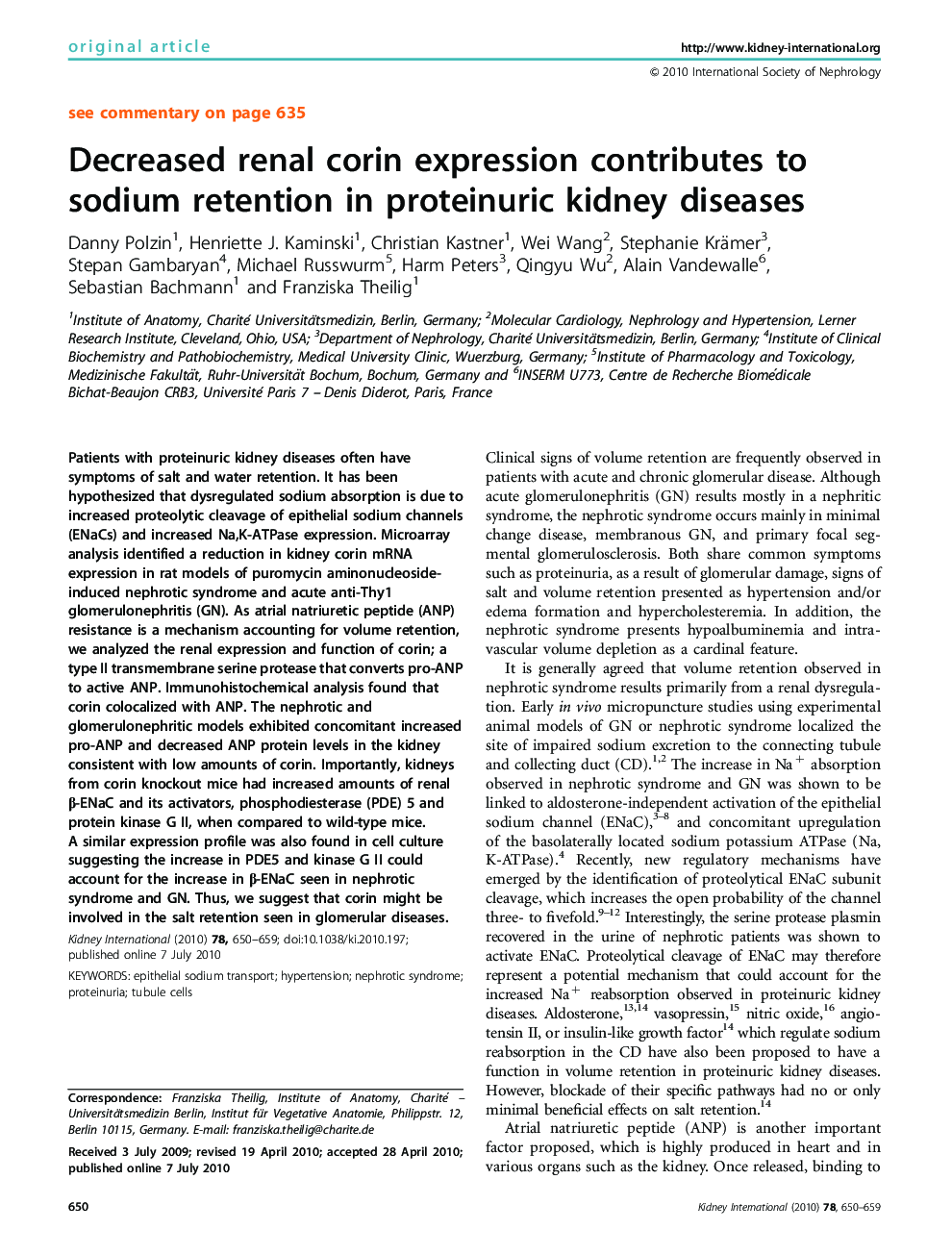 Decreased renal corin expression contributes to sodium retention in proteinuric kidney diseases 