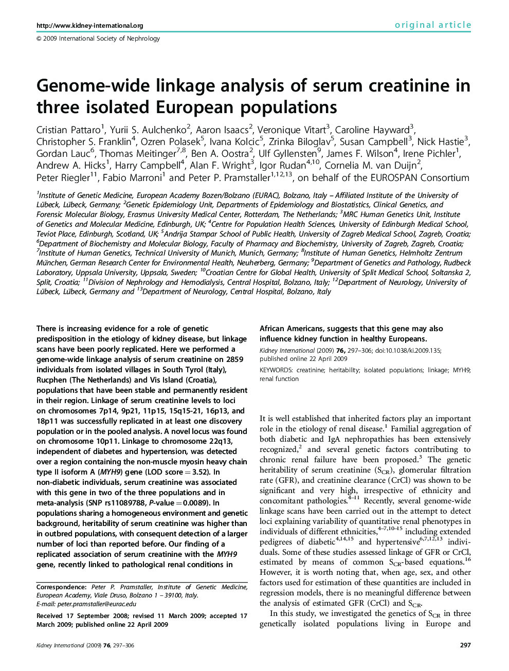 Genome-wide linkage analysis of serum creatinine in three isolated European populations