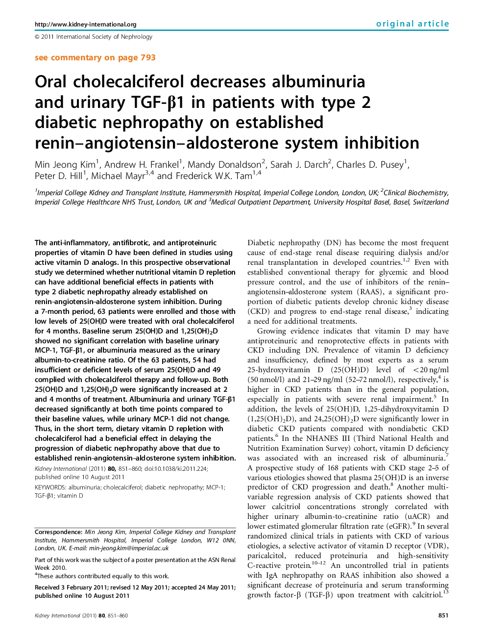 Oral cholecalciferol decreases albuminuria and urinary TGF-β1 in patients with type 2 diabetic nephropathy on established renin–angiotensin–aldosterone system inhibition 