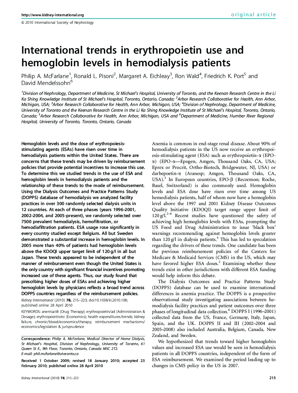 International trends in erythropoietin use and hemoglobin levels in hemodialysis patients 