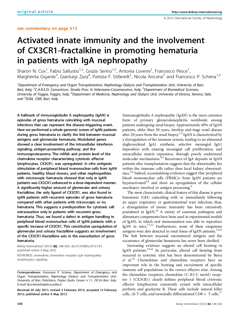 Activated innate immunity and the involvement of CX3CR1–fractalkine in promoting hematuria in patients with IgA nephropathy 