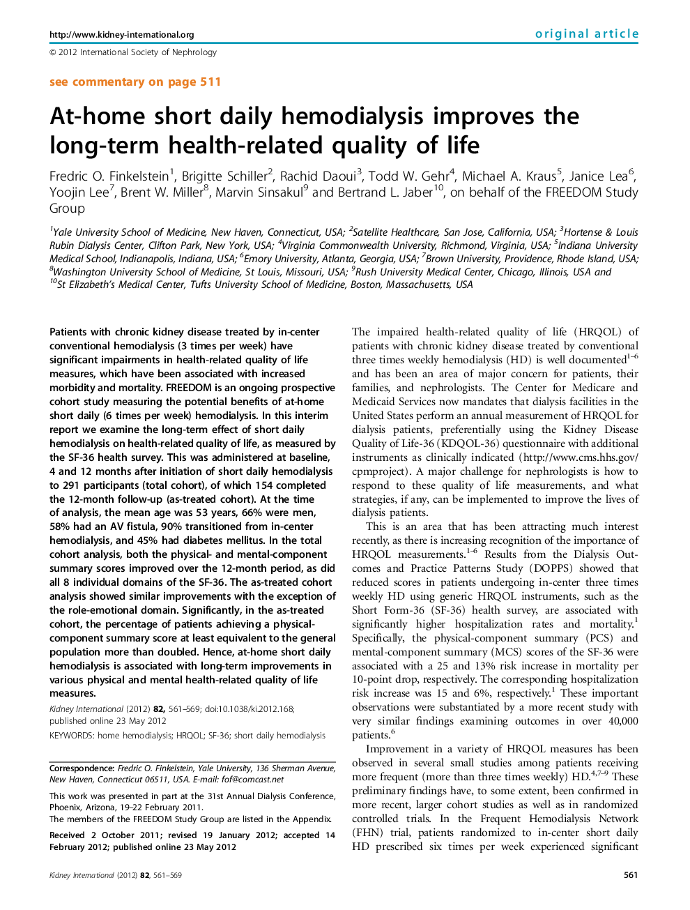 At-home short daily hemodialysis improves the long-term health-related quality of life 