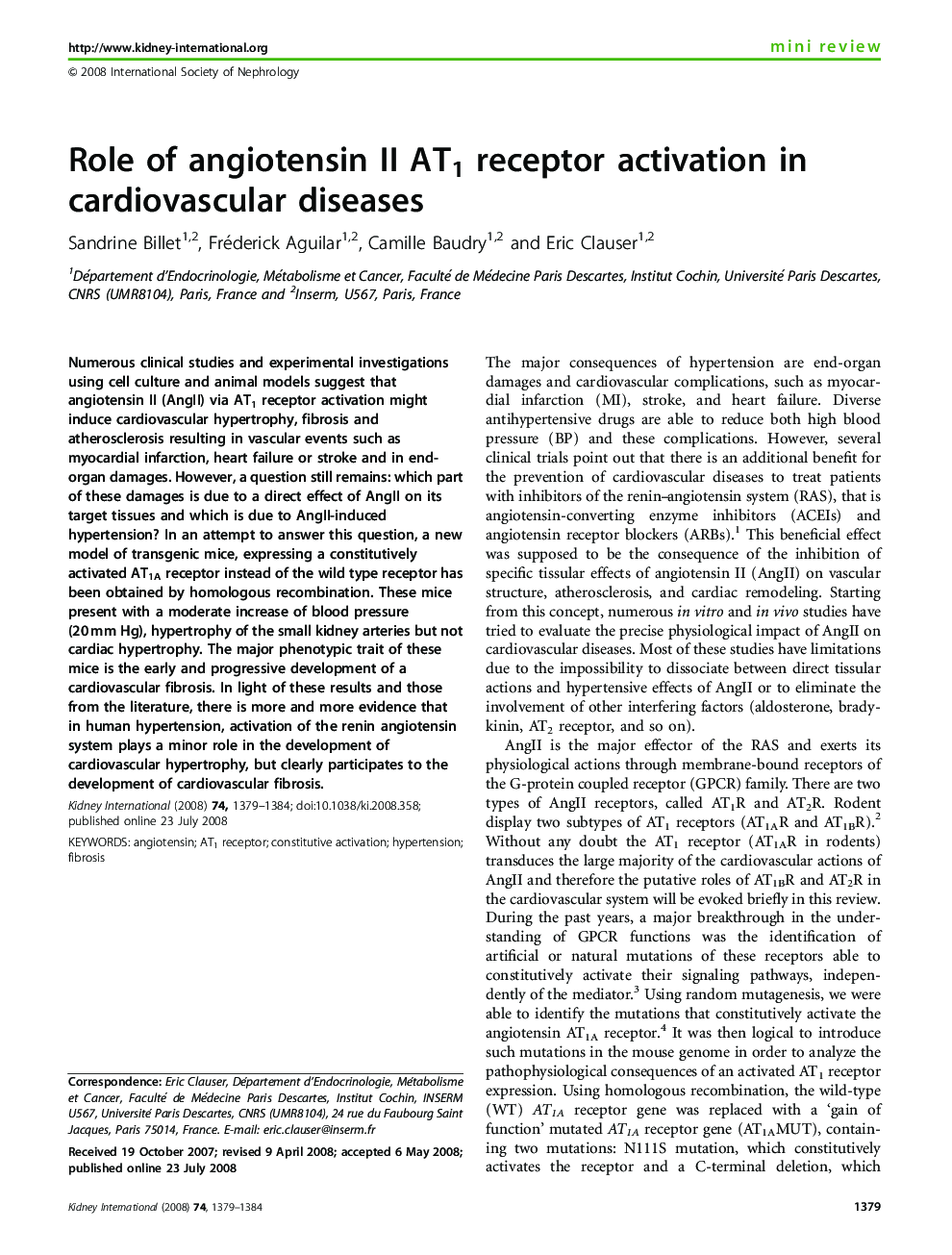 Role of angiotensin II AT1 receptor activation in cardiovascular diseases
