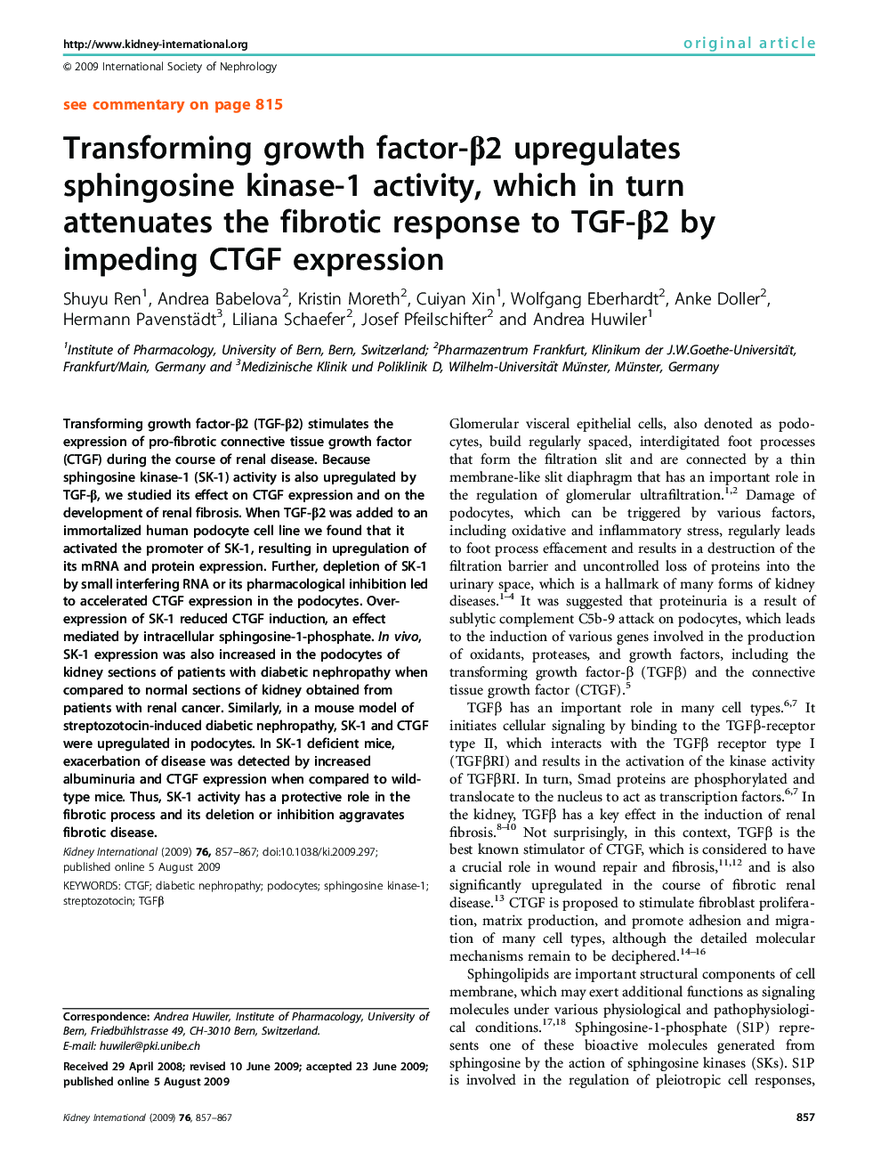 Transforming growth factor-β2 upregulates sphingosine kinase-1 activity, which in turn attenuates the fibrotic response to TGF-β2 by impeding CTGF expression