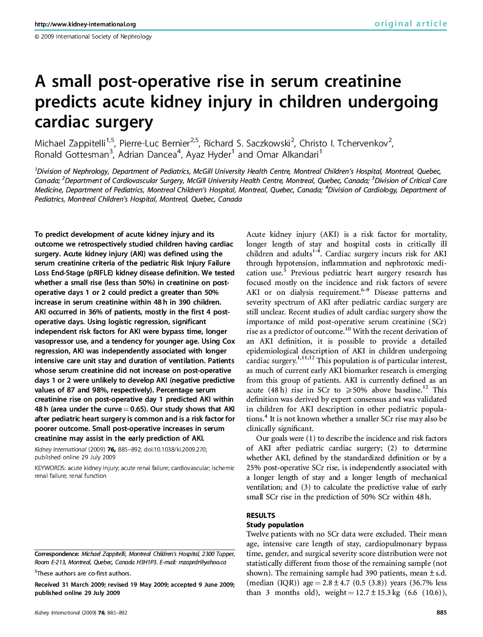 A small post-operative rise in serum creatinine predicts acute kidney injury in children undergoing cardiac surgery