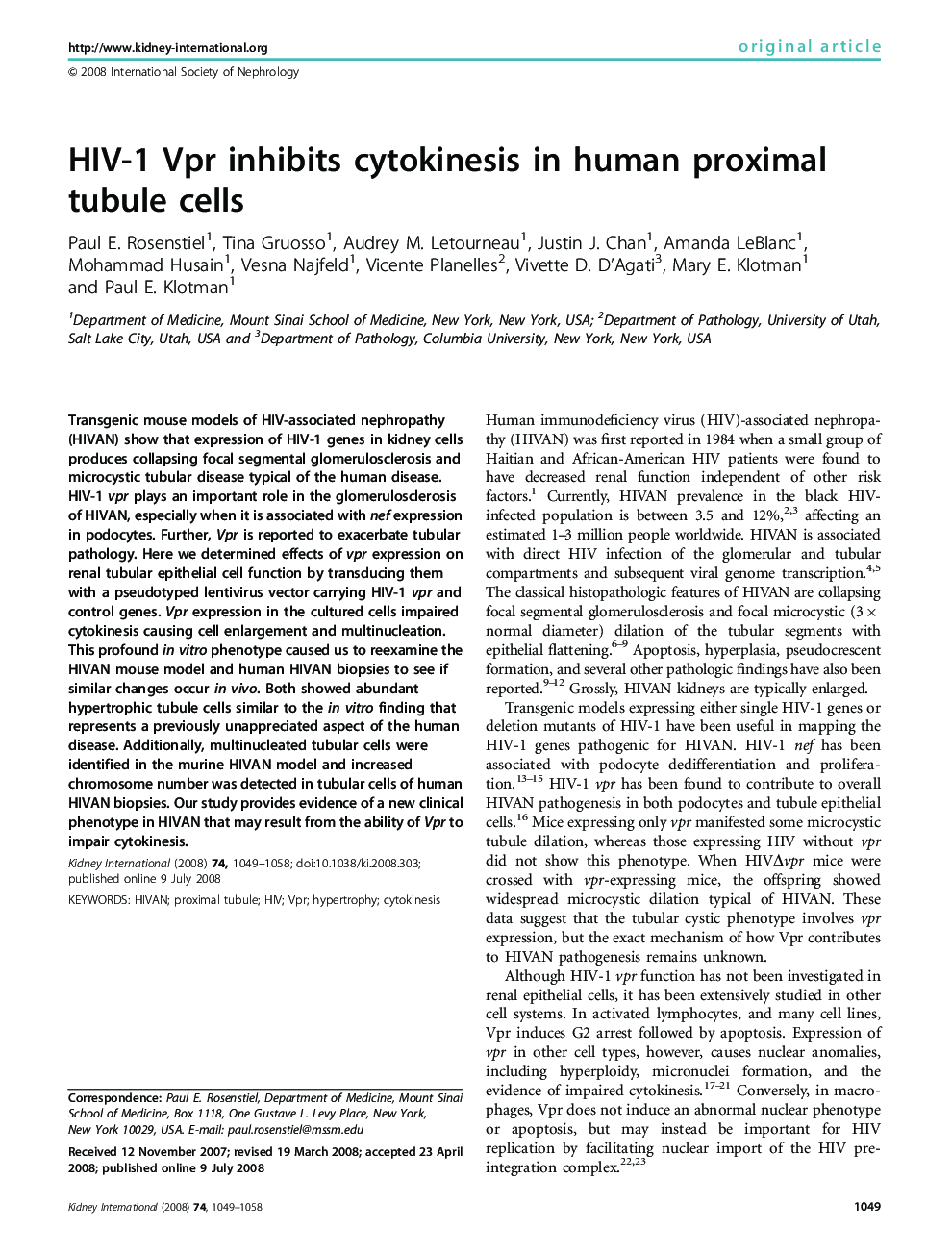 HIV-1 Vpr inhibits cytokinesis in human proximal tubule cells