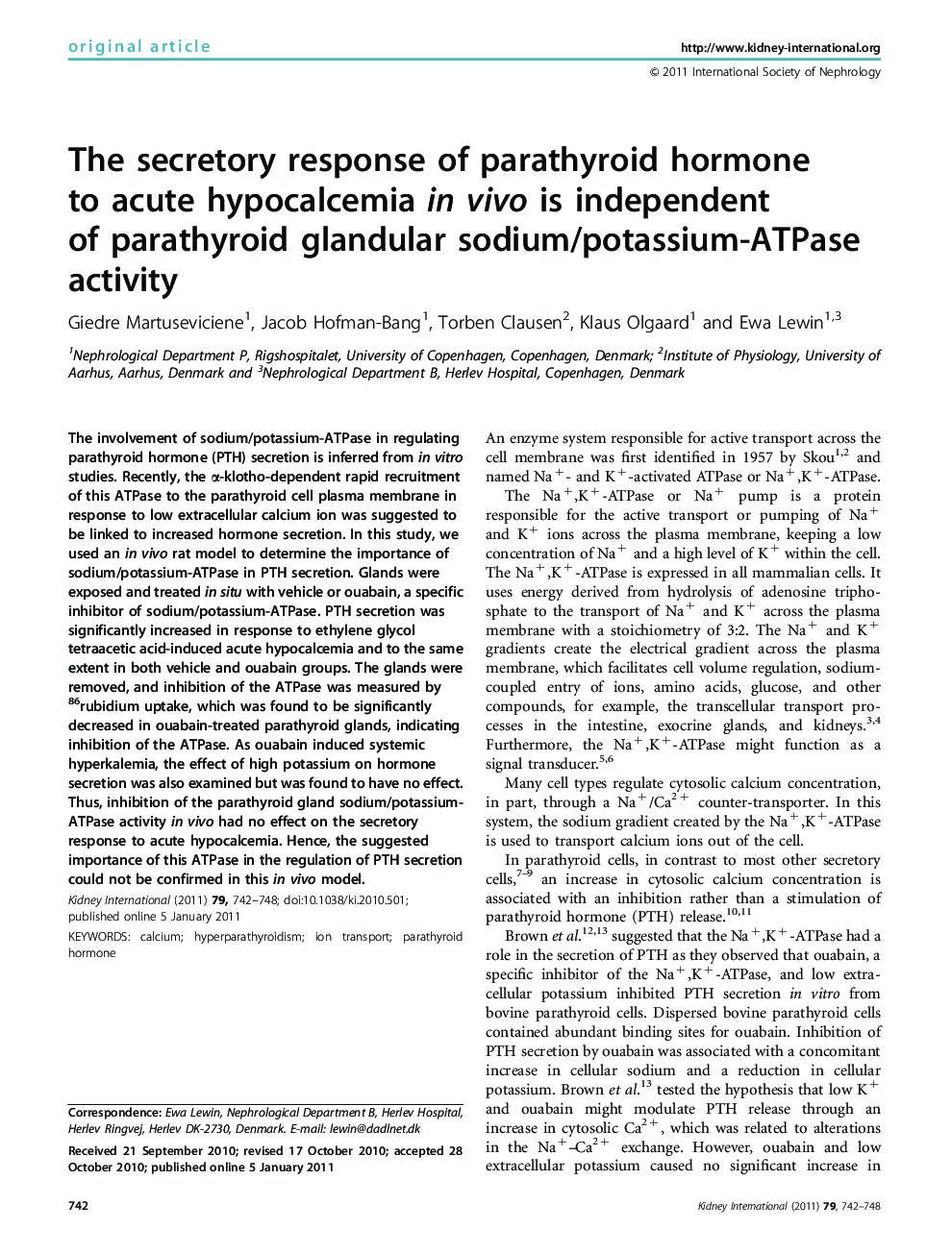 The secretory response of parathyroid hormone to acute hypocalcemia in vivo is independent of parathyroid glandular sodium/potassium-ATPase activity 