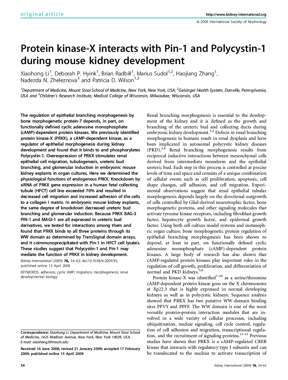 Protein kinase-X interacts with Pin-1 and Polycystin-1 during mouse kidney development