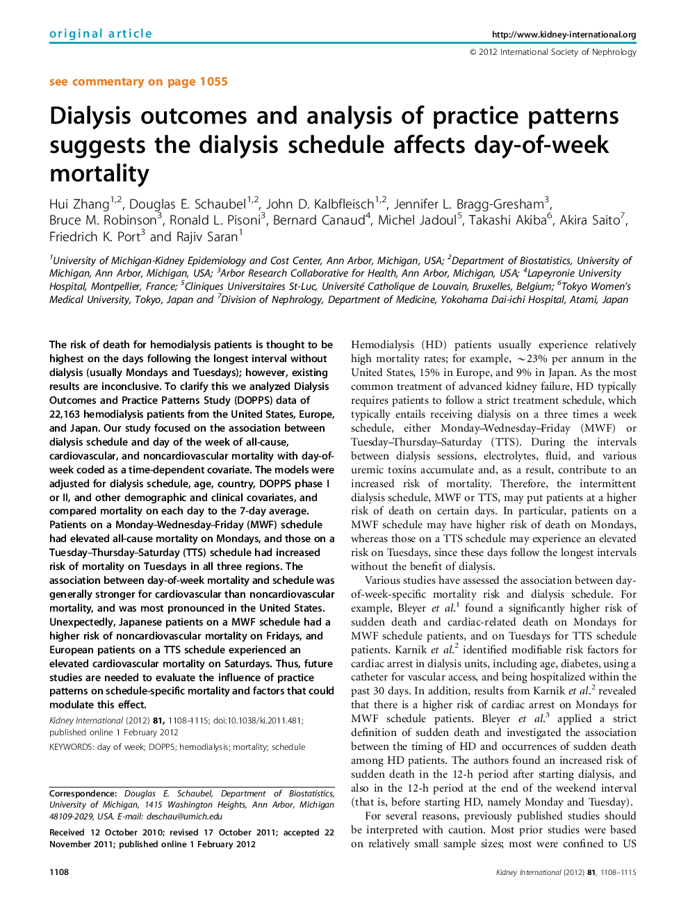 Dialysis outcomes and analysis of practice patterns suggests the dialysis schedule affects day-of-week mortality 