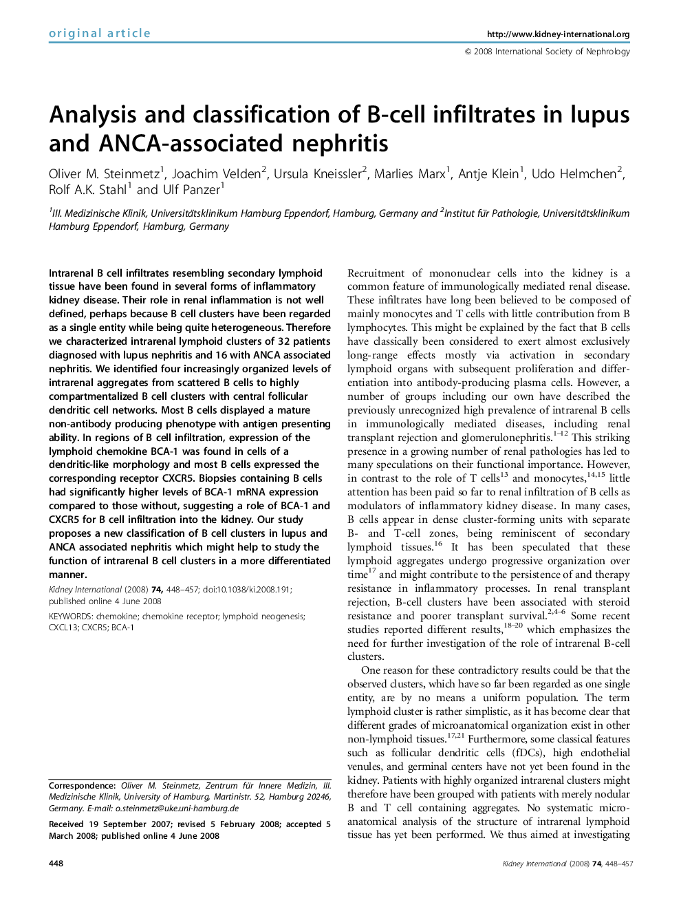 Analysis and classification of B-cell infiltrates in lupus and ANCA-associated nephritis 