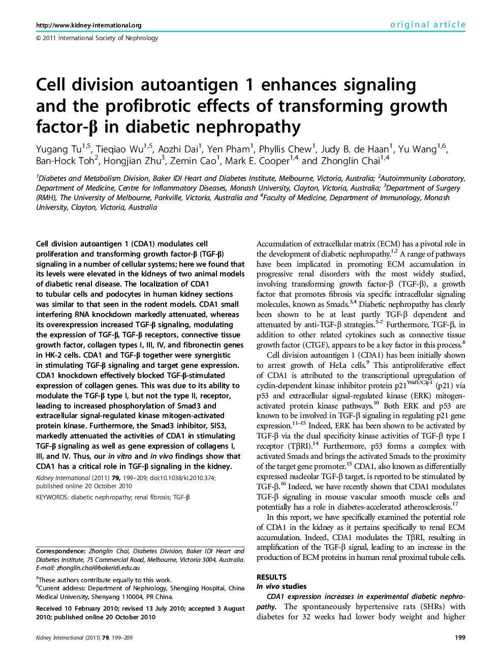 Cell division autoantigen 1 enhances signaling and the profibrotic effects of transforming growth factor-β in diabetic nephropathy 