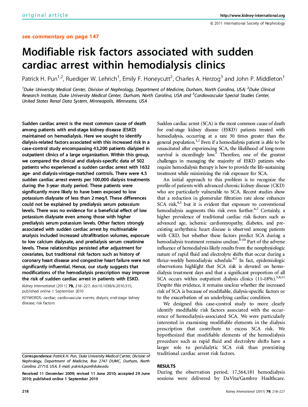 Modifiable risk factors associated with sudden cardiac arrest within hemodialysis clinics 