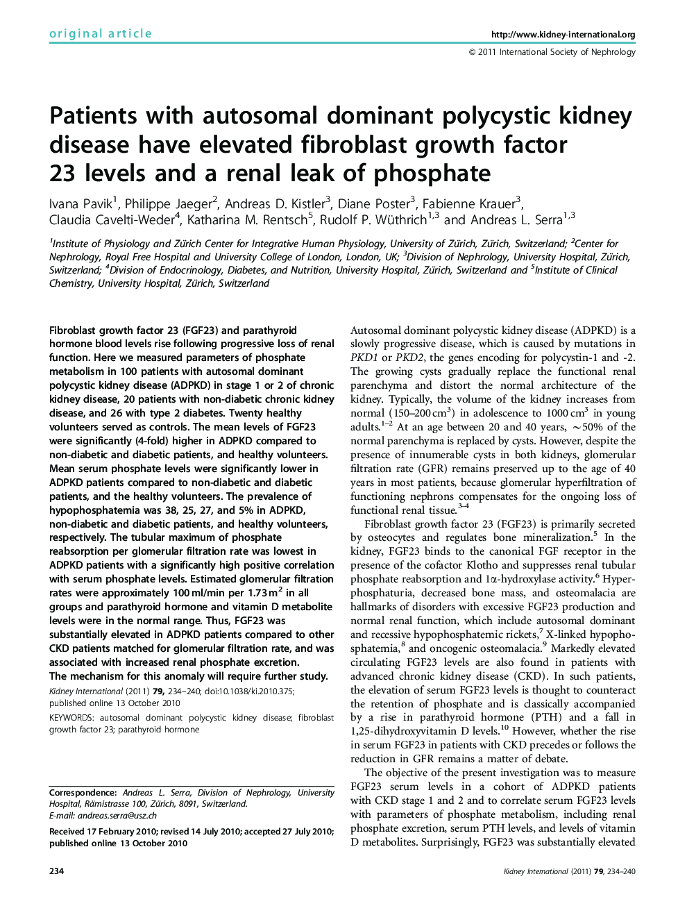 Patients with autosomal dominant polycystic kidney disease have elevated fibroblast growth factor 23 levels and a renal leak of phosphate 