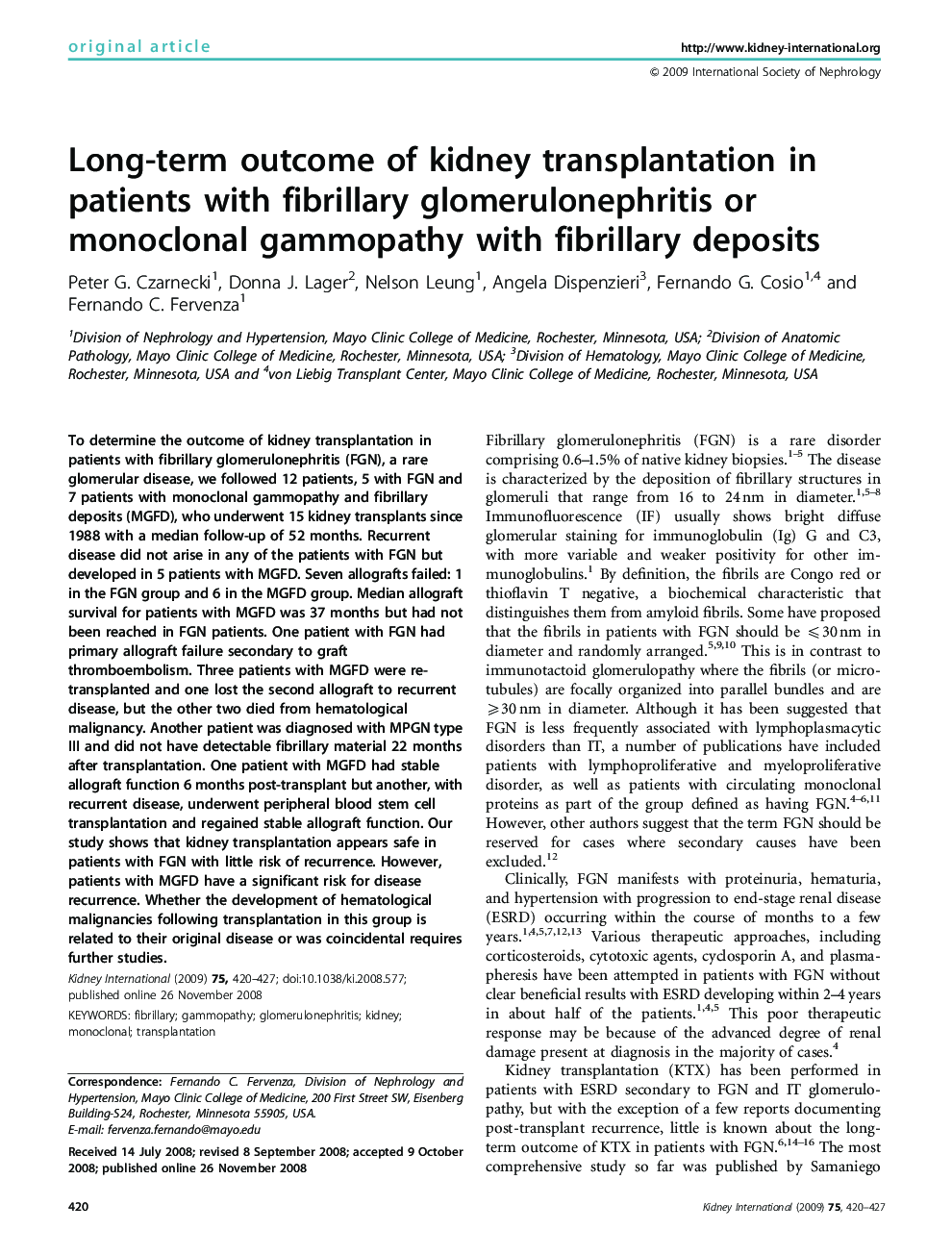 Long-term outcome of kidney transplantation in patients with fibrillary glomerulonephritis or monoclonal gammopathy with fibrillary deposits